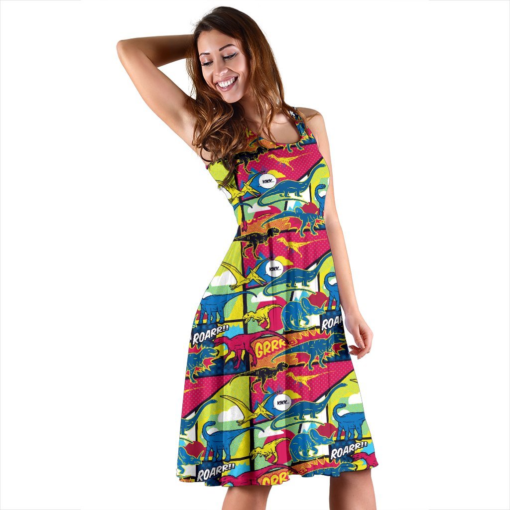 Dinosaur Comic Pop Art Style Sleeveless Dress