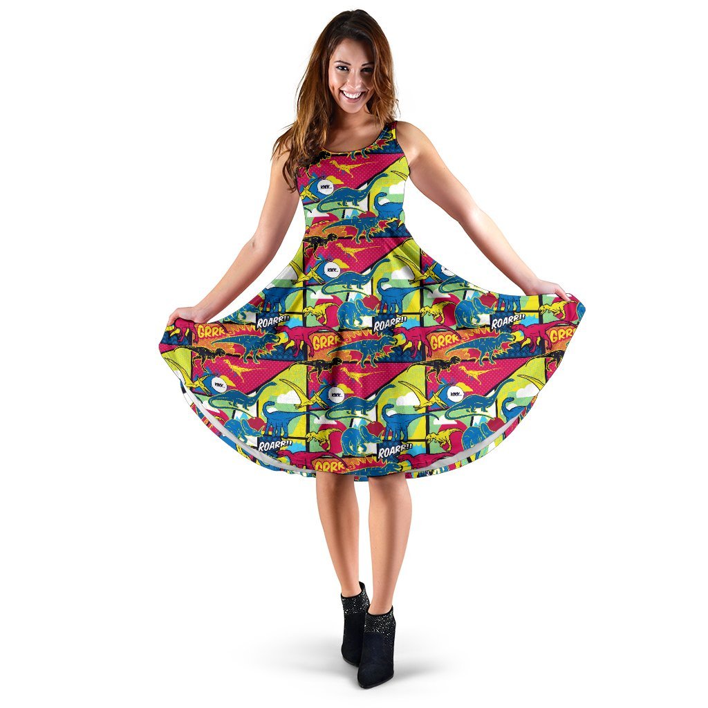 Dinosaur Comic Pop Art Style Sleeveless Dress