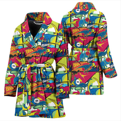 Dinosaur Comic Pop Art Style Women Bath Robe-JTAMIGO.COM