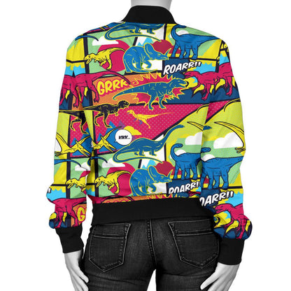 Dinosaur Comic Pop Art Style Women Casual Bomber Jacket