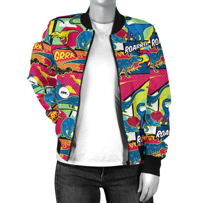 Dinosaur Comic Pop Art Style Women Casual Bomber Jacket