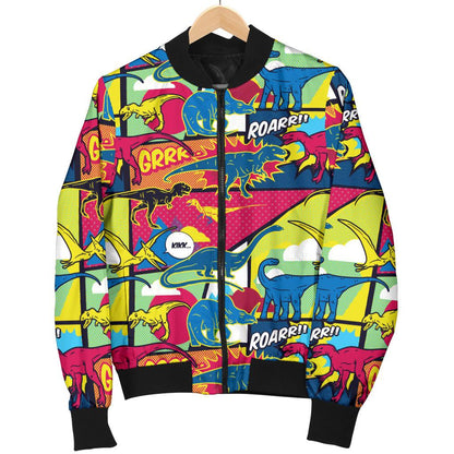 Dinosaur Comic Pop Art Style Women Casual Bomber Jacket