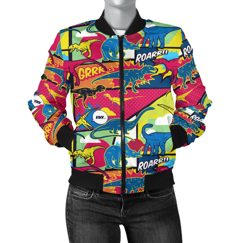 Dinosaur Comic Pop Art Style Women Casual Bomber Jacket