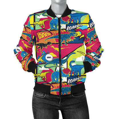 Dinosaur Comic Pop Art Style Women Casual Bomber Jacket