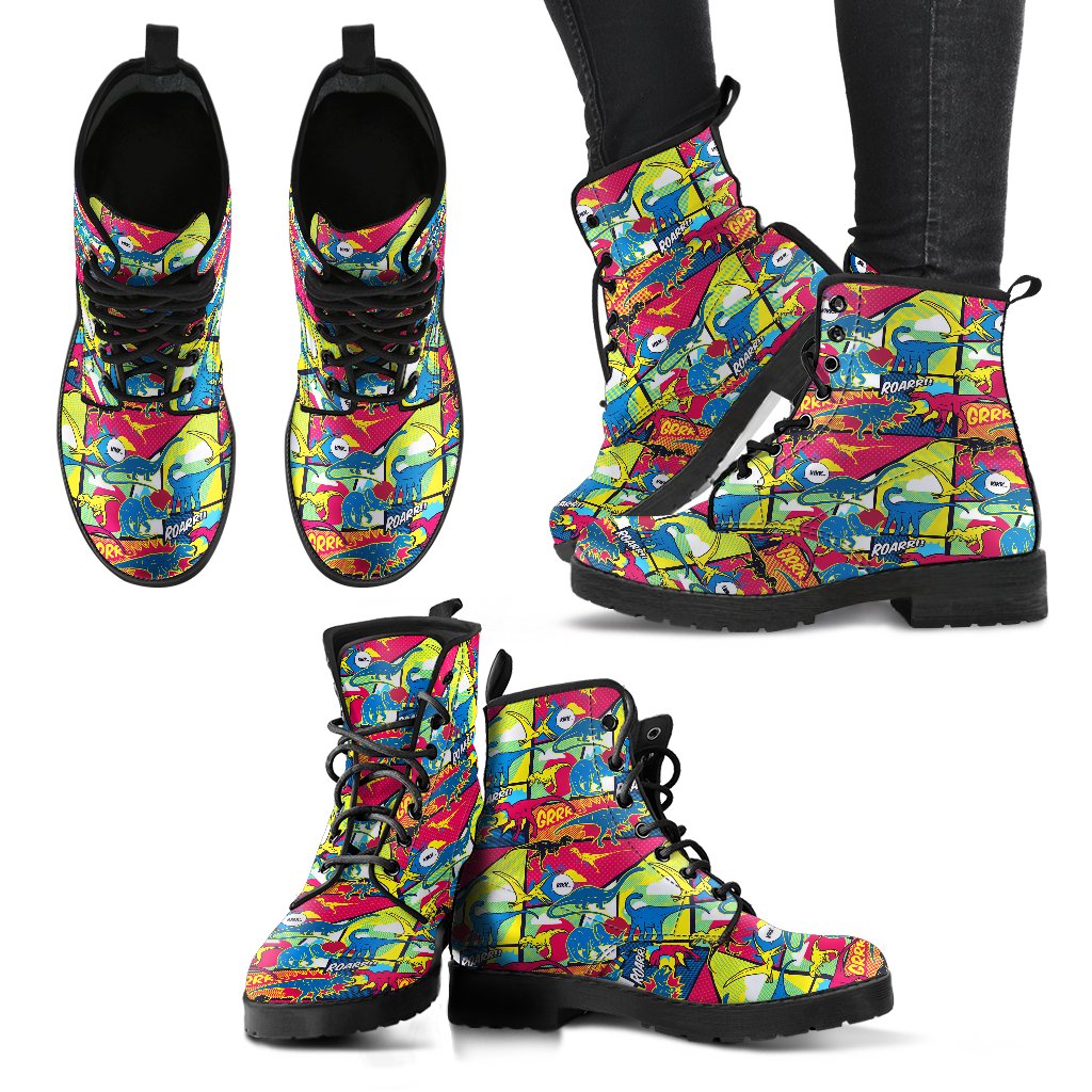 Dinosaur Comic Pop Art Style Women Leather Boots-JTAMIGO.COM