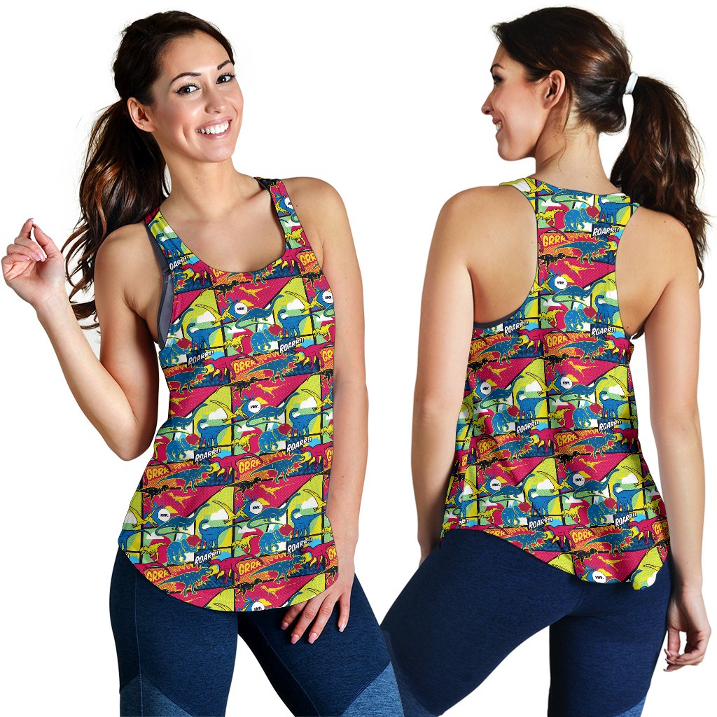Dinosaur Comic Pop Art Style Women Racerback Tank Top