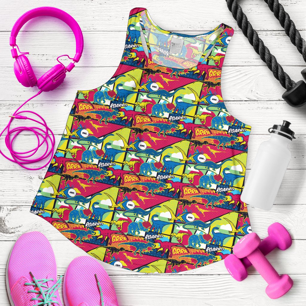Dinosaur Comic Pop Art Style Women Racerback Tank Top