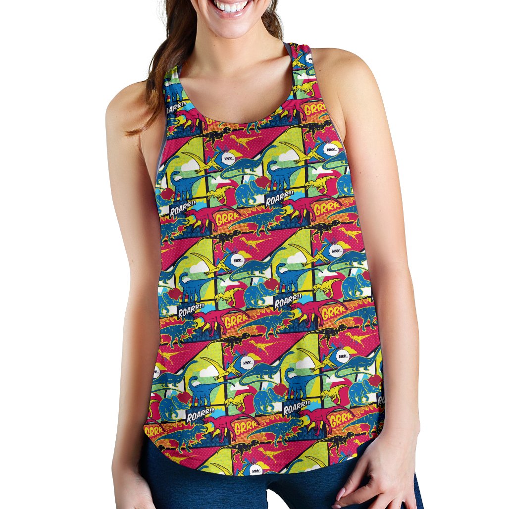 Dinosaur Comic Pop Art Style Women Racerback Tank Top