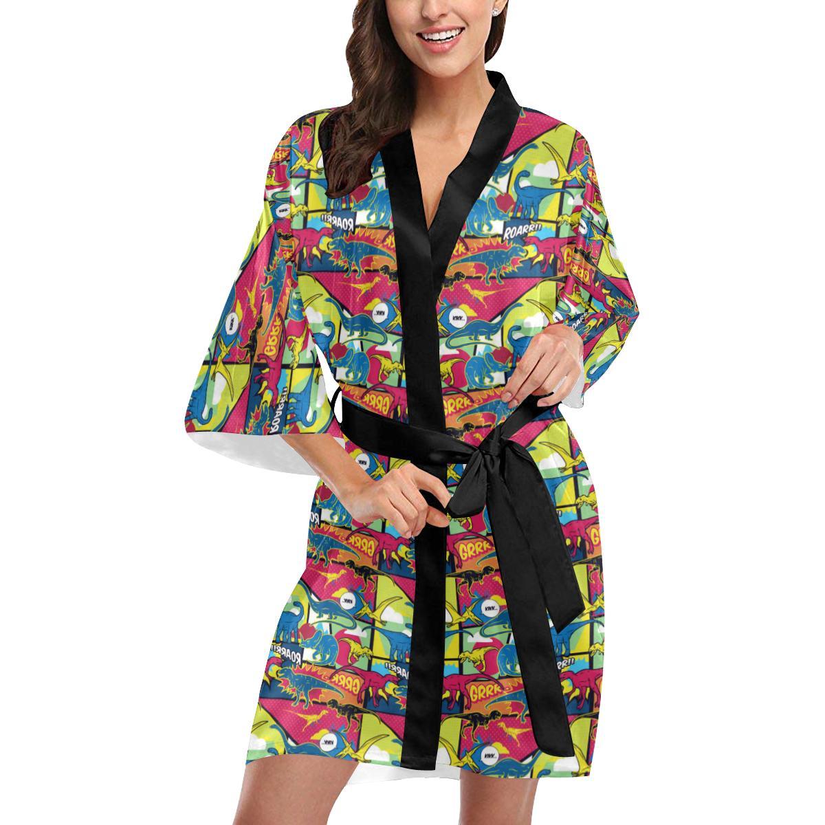 Dinosaur Comic Pop Art Style Women Short Kimono Robe