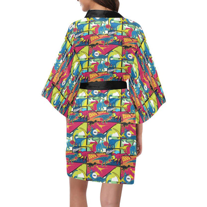 Dinosaur Comic Pop Art Style Women Short Kimono Robe