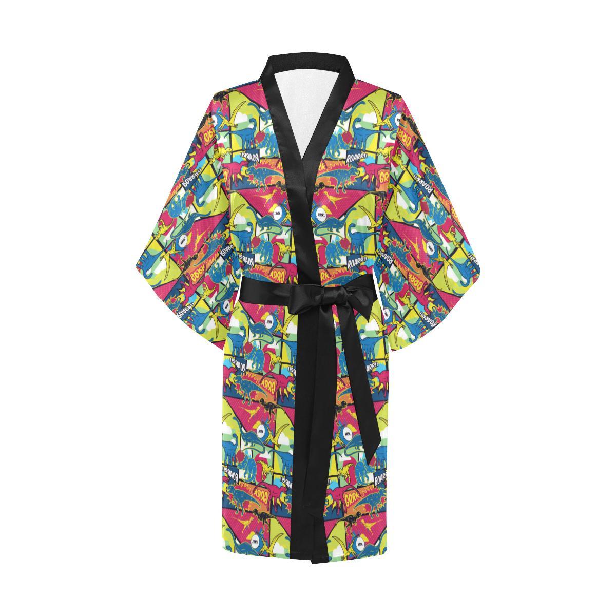 Dinosaur Comic Pop Art Style Women Short Kimono Robe