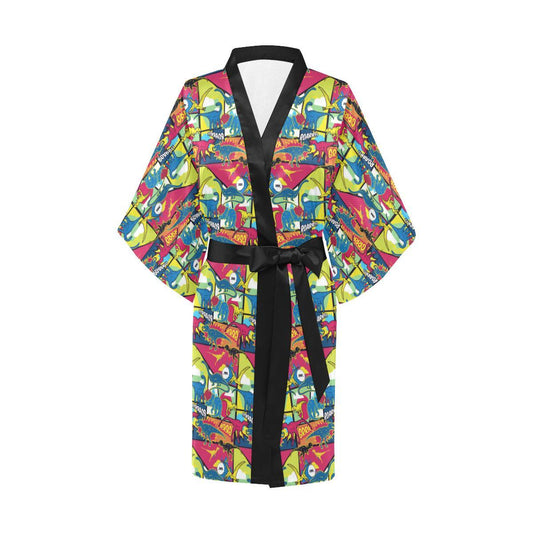 Dinosaur Comic Pop Art Style Women Short Kimono Robe