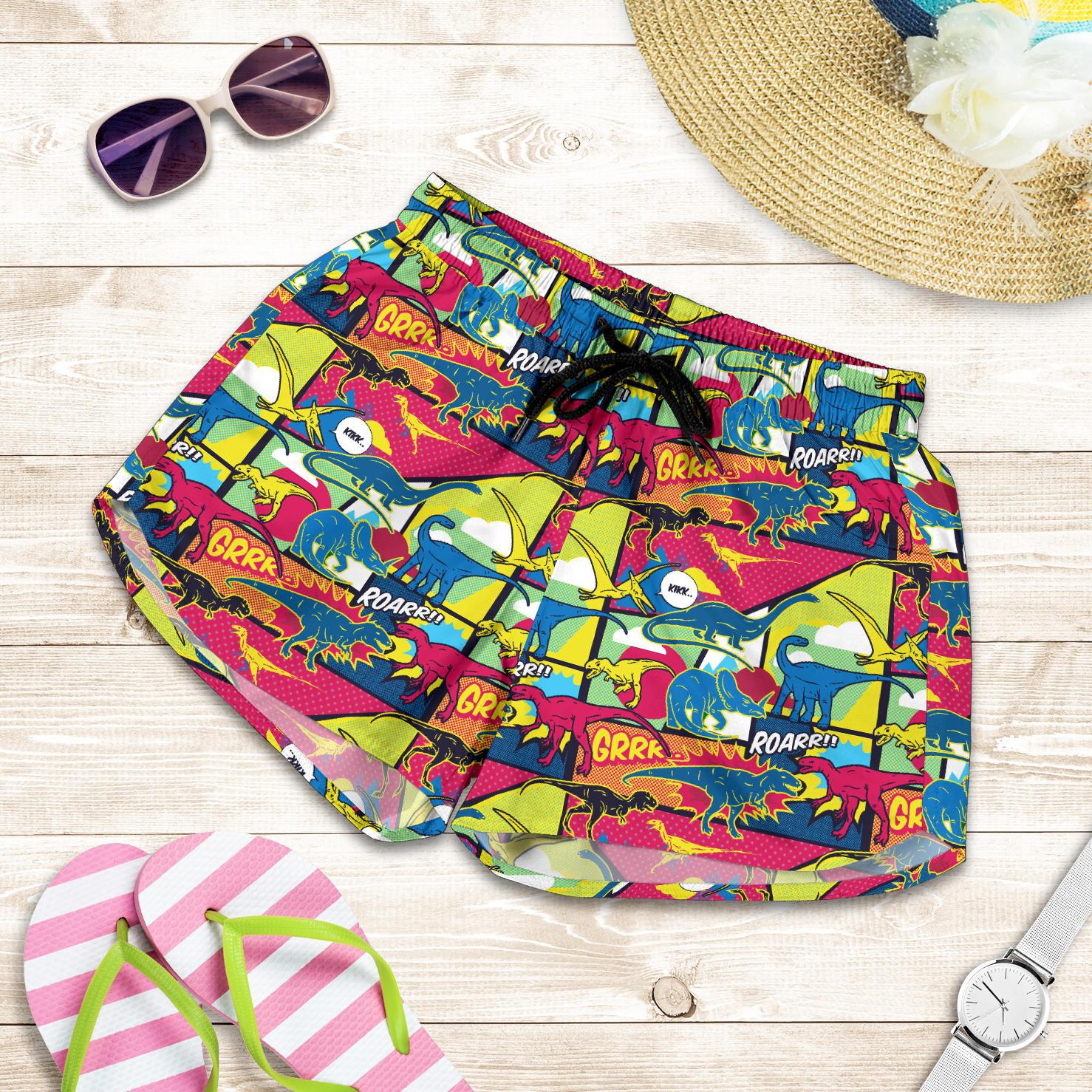 Dinosaur Comic Pop Art Style Women Shorts-JTAMIGO.COM