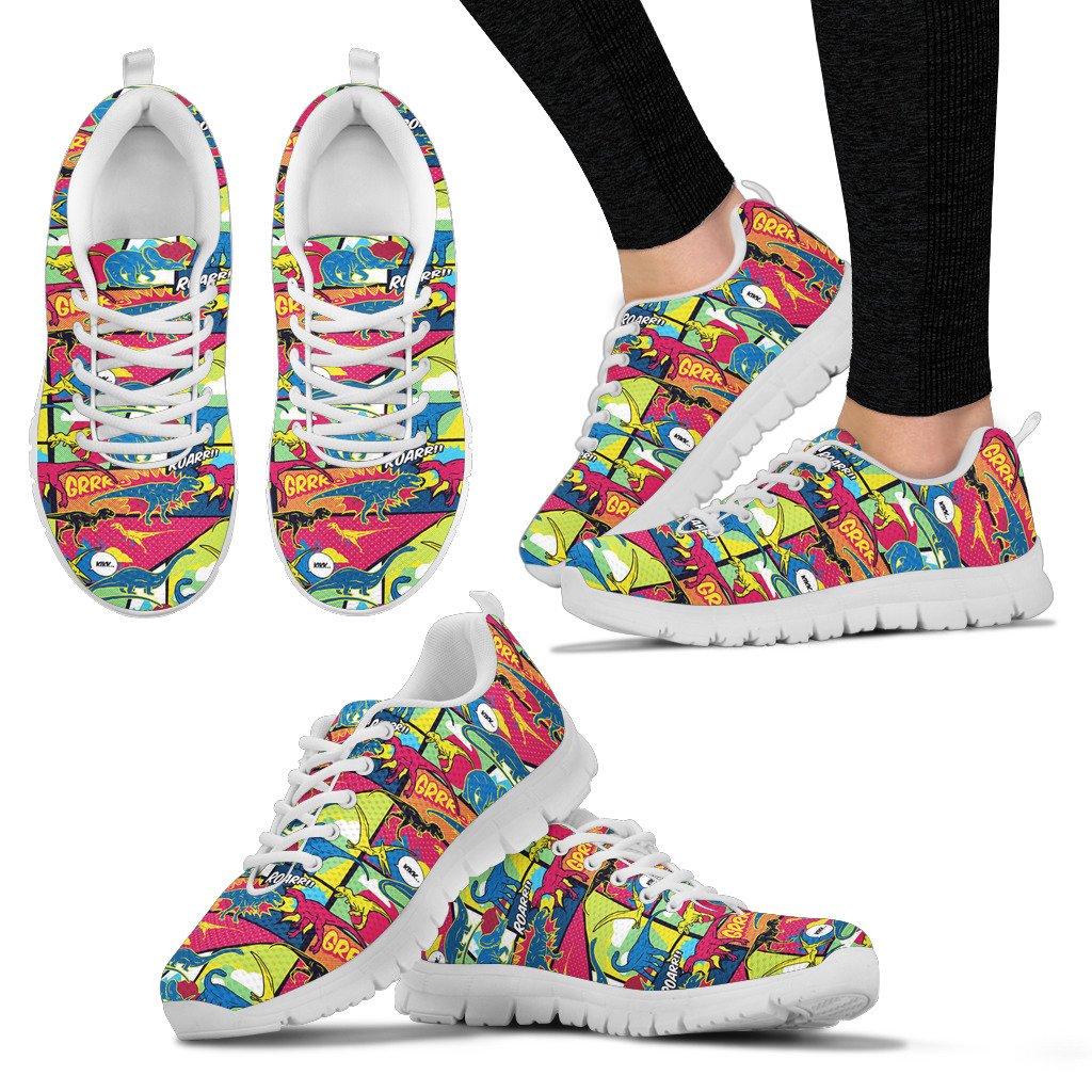 Dinosaur Comic Pop Art Style Women Sneakers Shoes