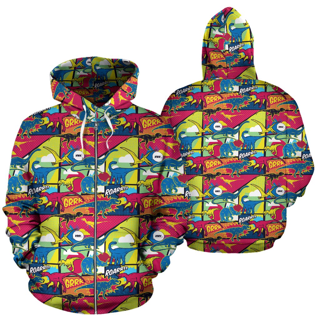 Dinosaur Comic Pop Art Style Zip Up Hoodie