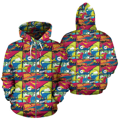Dinosaur Comic Pop Art Style Zip Up Hoodie