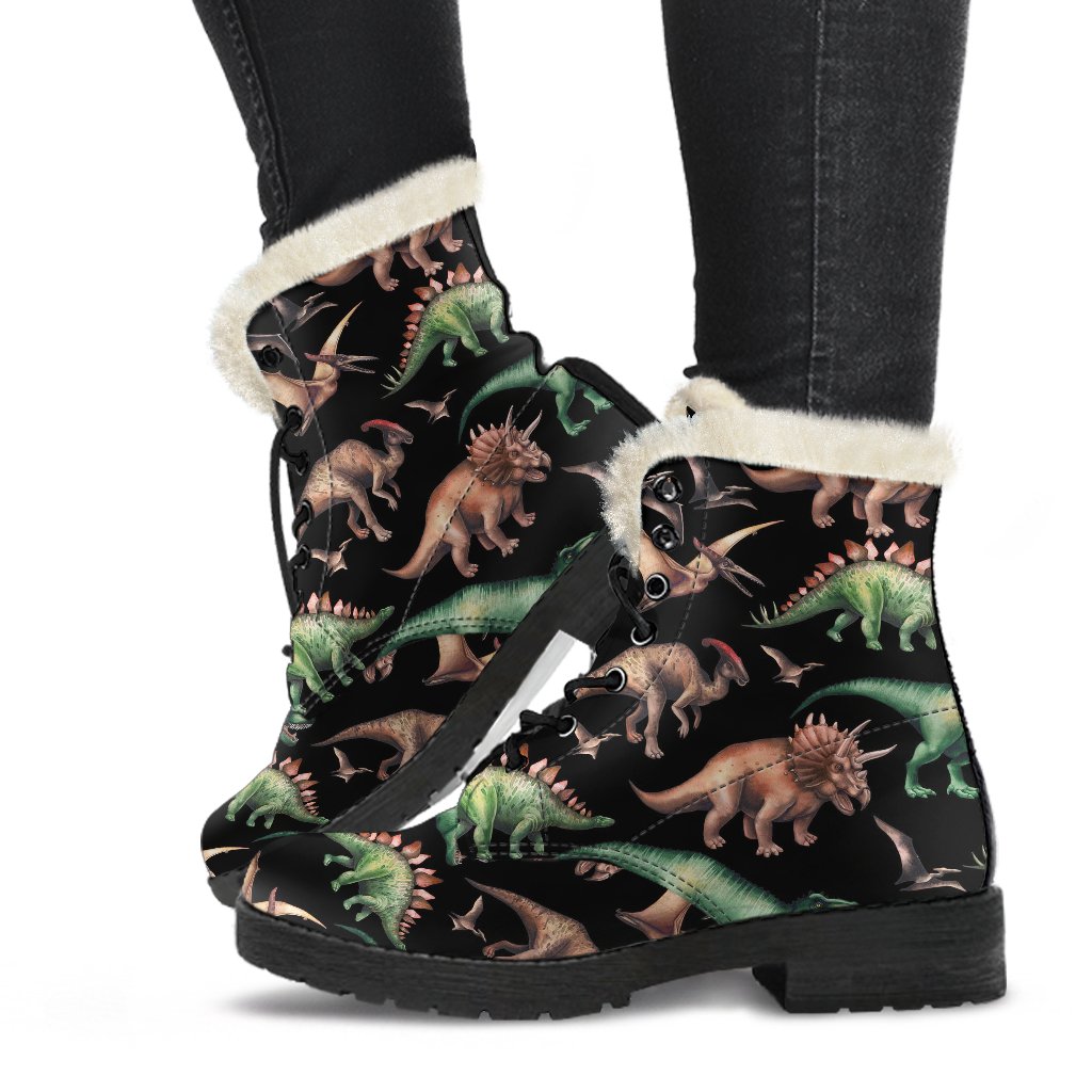 Dinosaur Print Pattern Faux Fur Leather Boots-JTAMIGO.COM