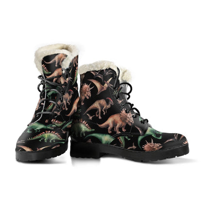 Dinosaur Print Pattern Faux Fur Leather Boots-JTAMIGO.COM