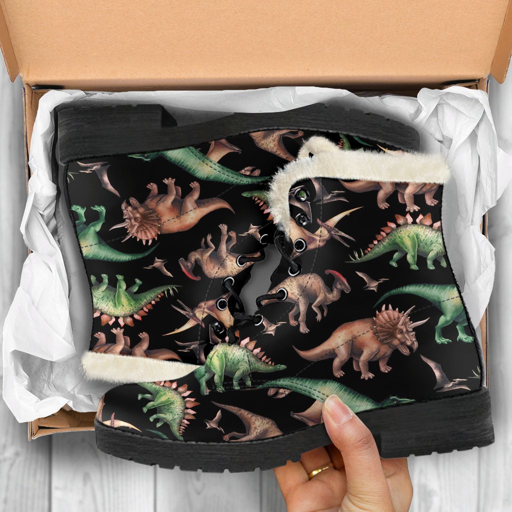 Dinosaur Print Pattern Faux Fur Leather Boots-JTAMIGO.COM