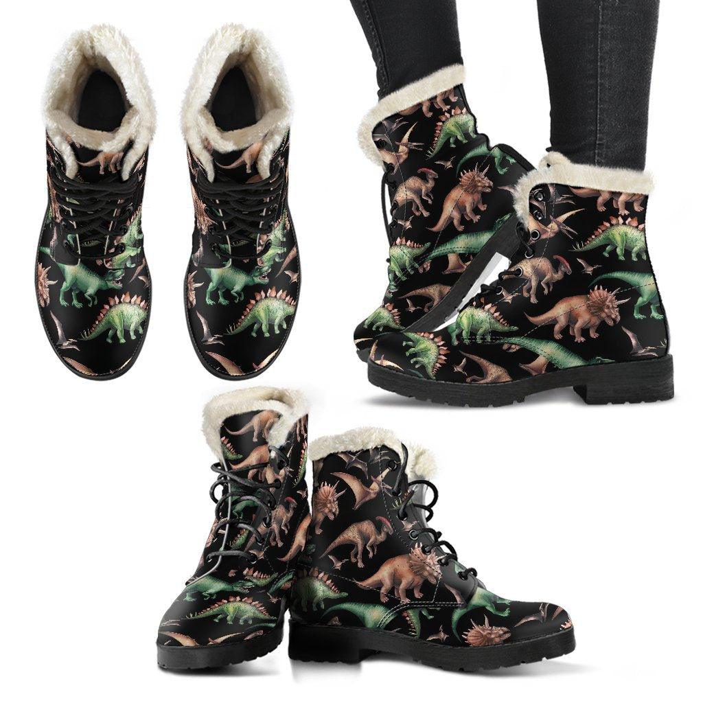 Dinosaur Print Pattern Faux Fur Leather Boots-JTAMIGO.COM
