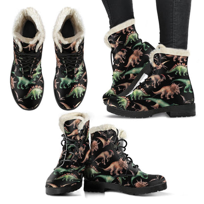 Dinosaur Print Pattern Faux Fur Leather Boots-JTAMIGO.COM
