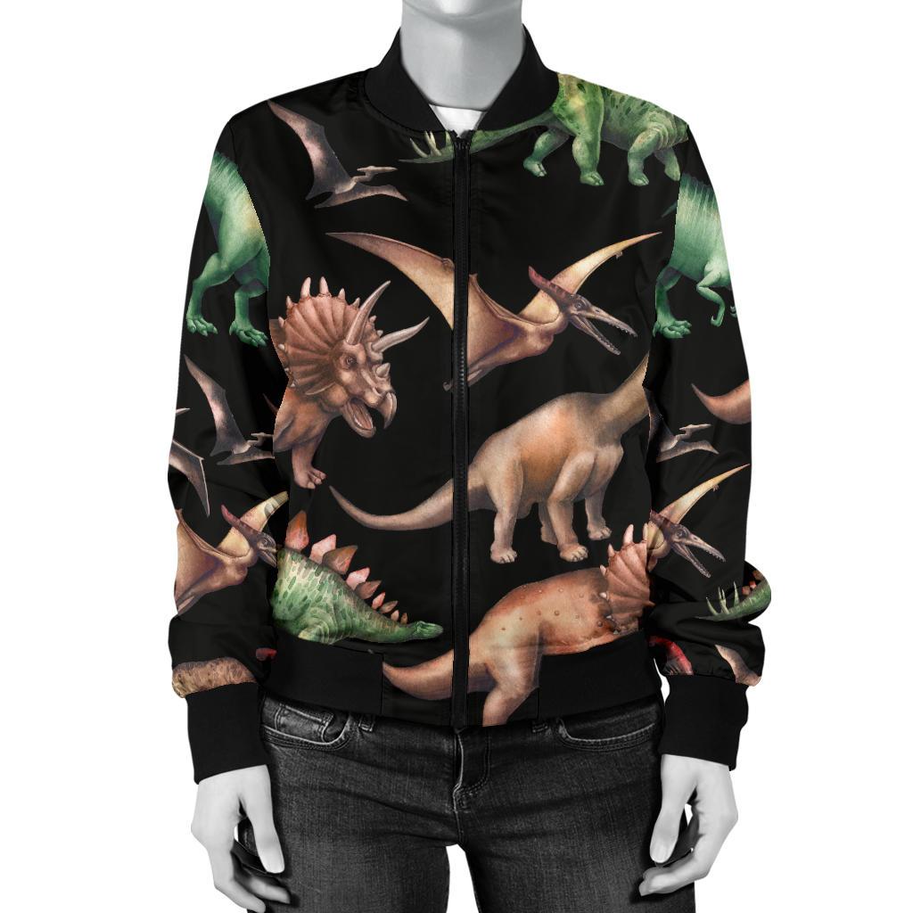 Dinosaur Print Pattern Women Casual Bomber Jacket