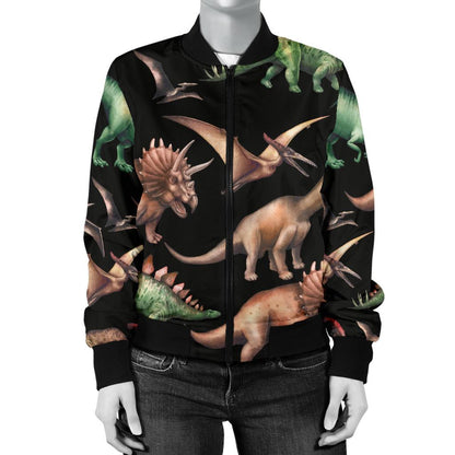 Dinosaur Print Pattern Women Casual Bomber Jacket