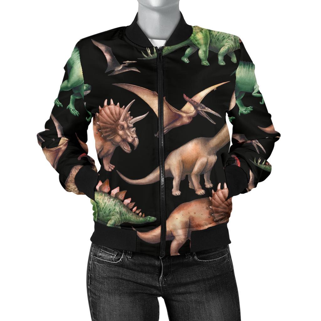 Dinosaur Print Pattern Women Casual Bomber Jacket