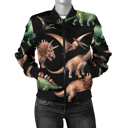 Dinosaur Print Pattern Women Casual Bomber Jacket