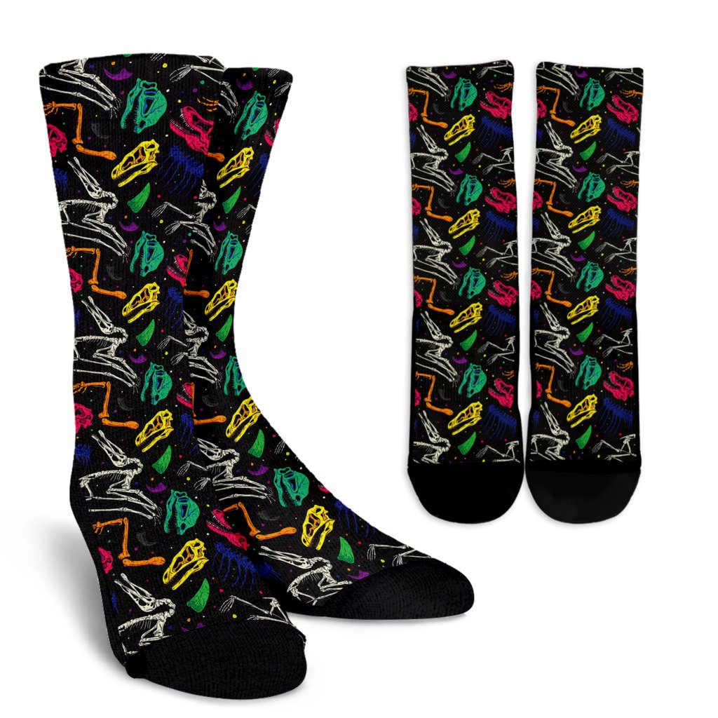 Dinosaur Skull Color Print Pattern Crew Socks