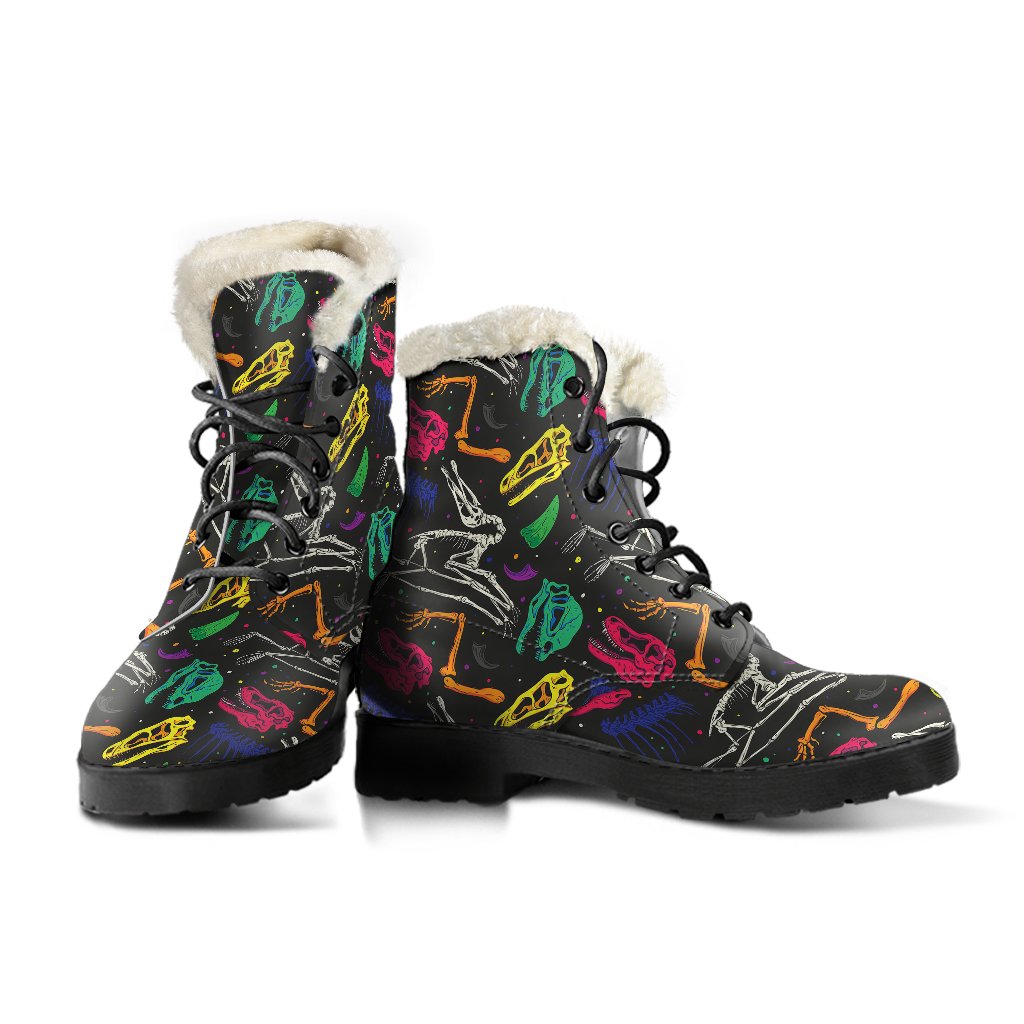 Dinosaur Skull Color Print Pattern Faux Fur Leather Boots-JTAMIGO.COM