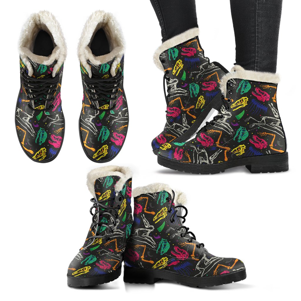 Dinosaur Skull Color Print Pattern Faux Fur Leather Boots-JTAMIGO.COM