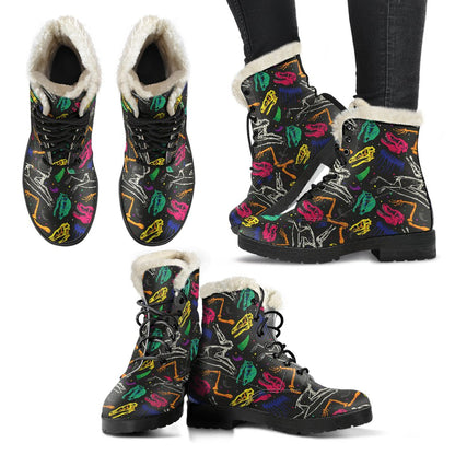 Dinosaur Skull Color Print Pattern Faux Fur Leather Boots-JTAMIGO.COM