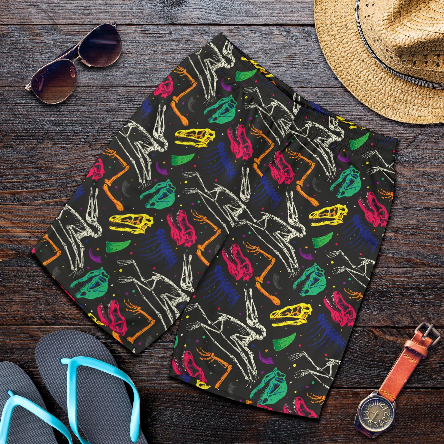 Dinosaur Skull Color Print Pattern Mens Shorts-JTAMIGO.COM