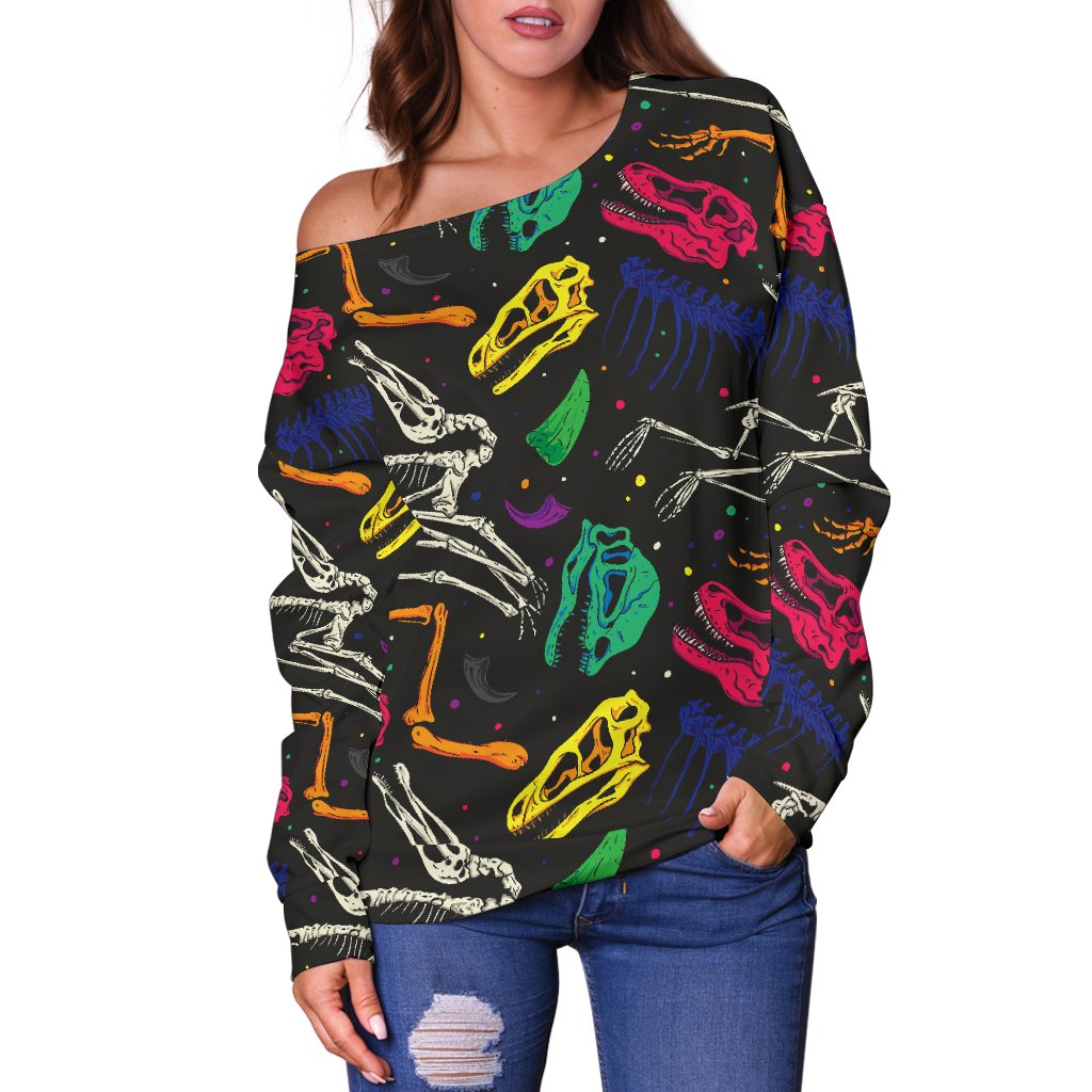 Dinosaur Skull Color Print Pattern Off Shoulder Sweatshirt