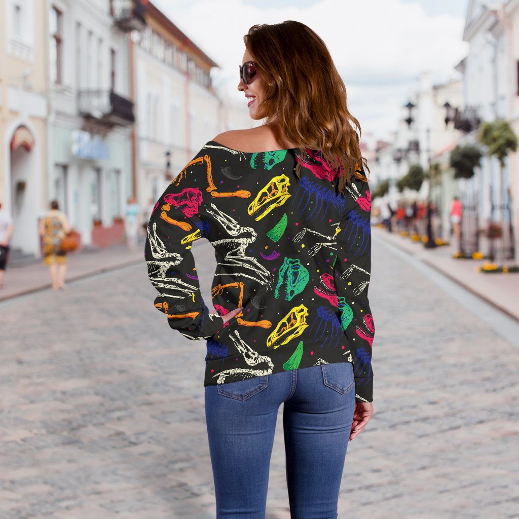Dinosaur Skull Color Print Pattern Off Shoulder Sweatshirt
