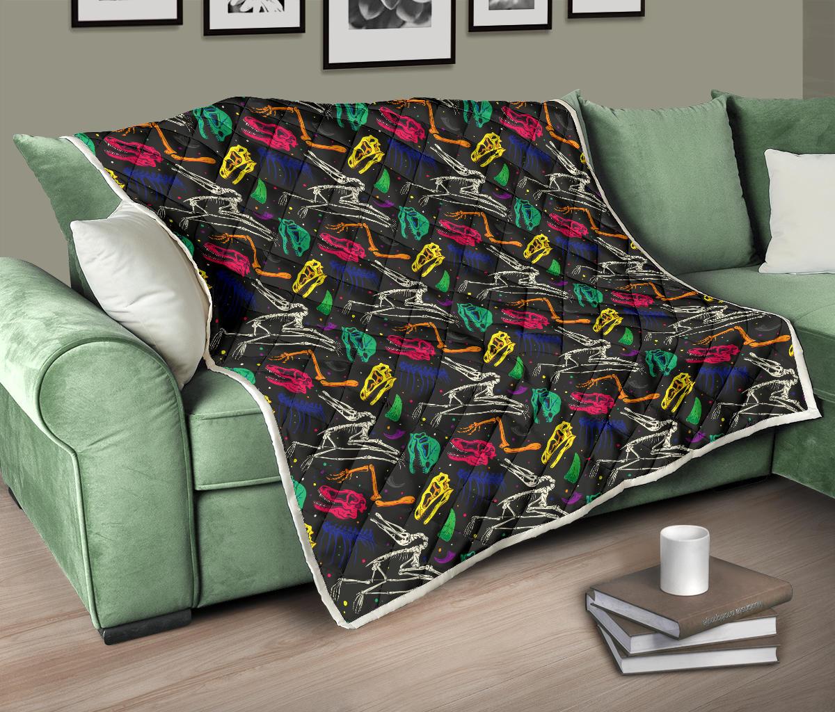 Dinosaur Skull Color Print Pattern Premium Quilt-JTAMIGO.COM