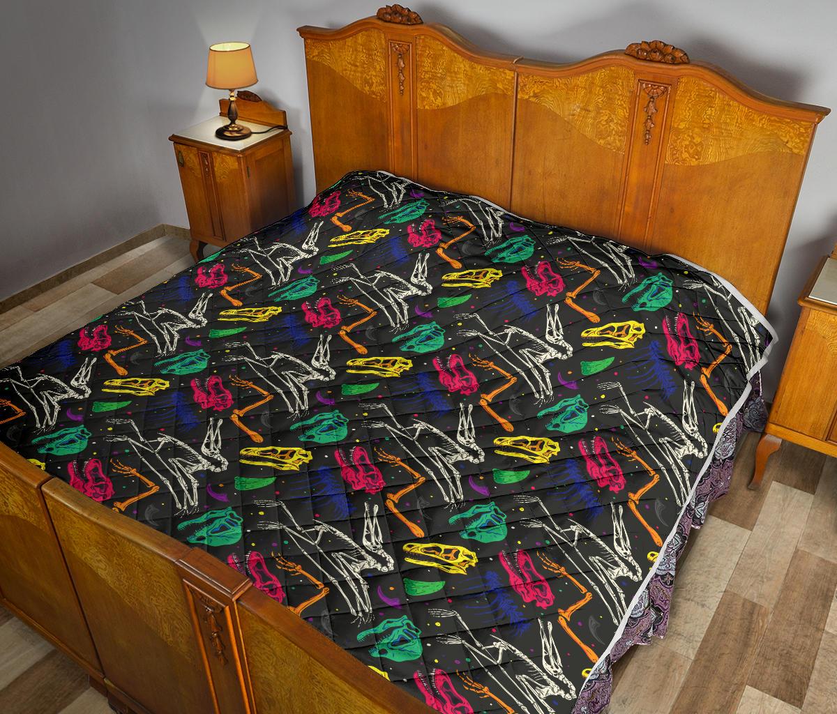 Dinosaur Skull Color Print Pattern Premium Quilt-JTAMIGO.COM