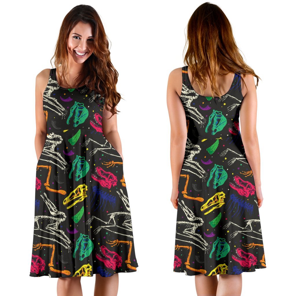 Dinosaur Skull Color Print Pattern Sleeveless Dress