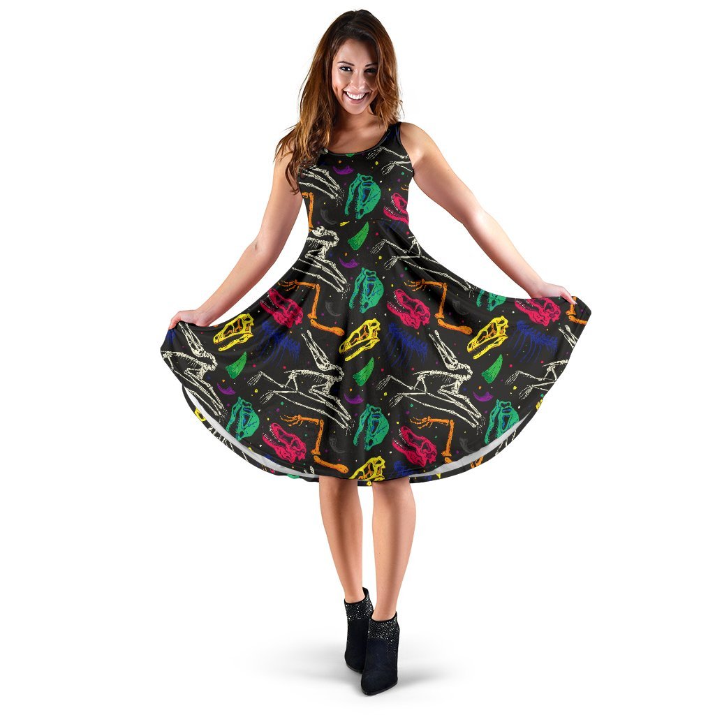 Dinosaur Skull Color Print Pattern Sleeveless Dress