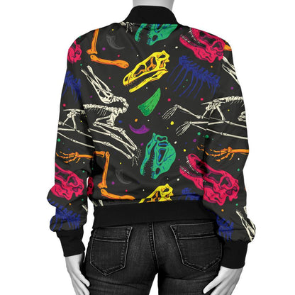 Dinosaur Skull Color Print Pattern Women Casual Bomber Jacket