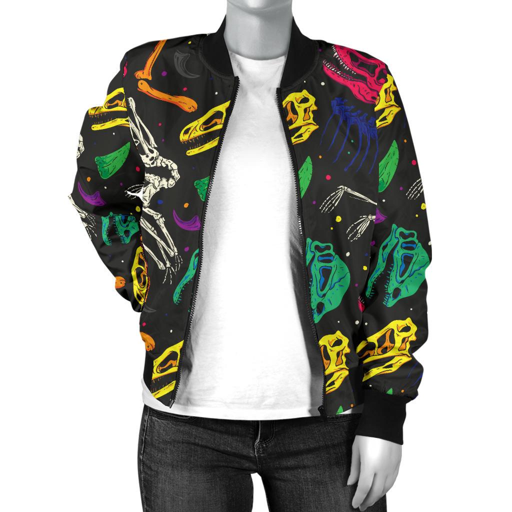 Dinosaur Skull Color Print Pattern Women Casual Bomber Jacket