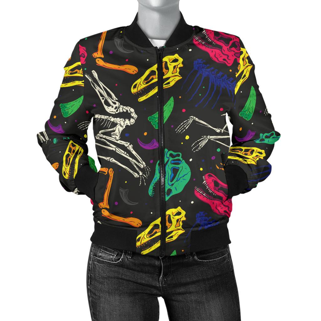 Dinosaur Skull Color Print Pattern Women Casual Bomber Jacket