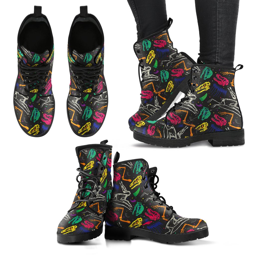 Dinosaur Skull Color Print Pattern Women Leather Boots-JTAMIGO.COM
