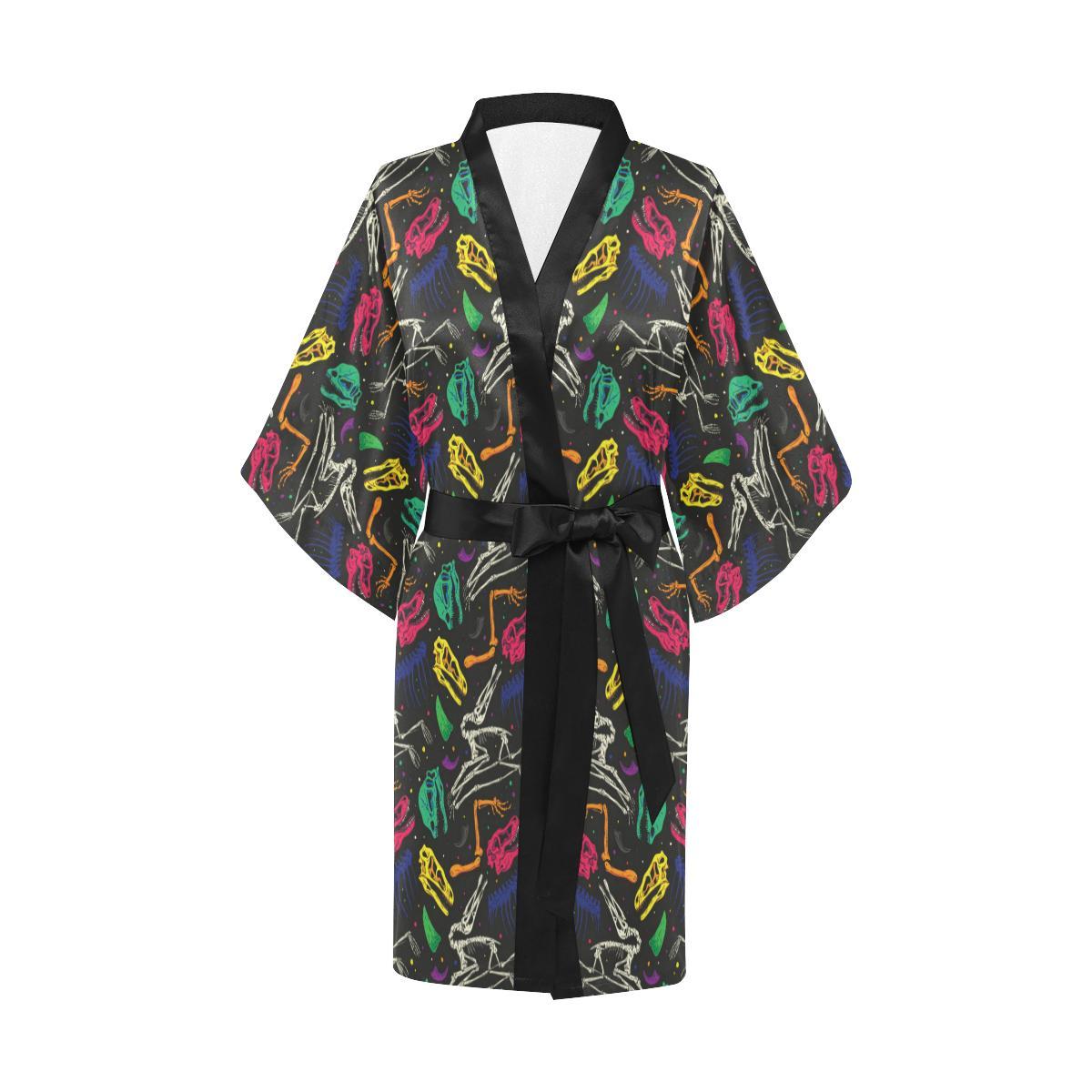 Dinosaur Skull Color Print Pattern Women Short Kimono Robe