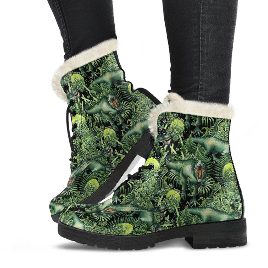 Dinosaur T Rex Print Pattern Faux Fur Leather Boots-JTAMIGO.COM