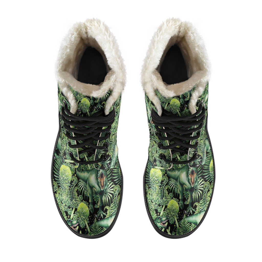 Dinosaur T Rex Print Pattern Faux Fur Leather Boots-JTAMIGO.COM