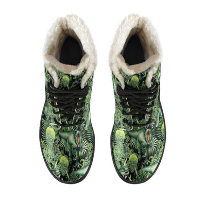 Dinosaur T Rex Print Pattern Faux Fur Leather Boots-JTAMIGO.COM