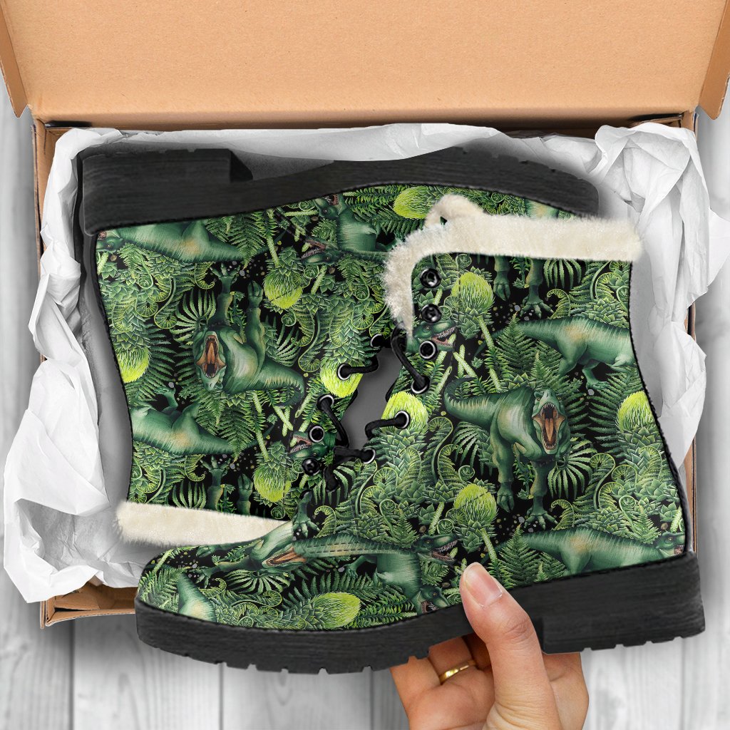Dinosaur T Rex Print Pattern Faux Fur Leather Boots-JTAMIGO.COM