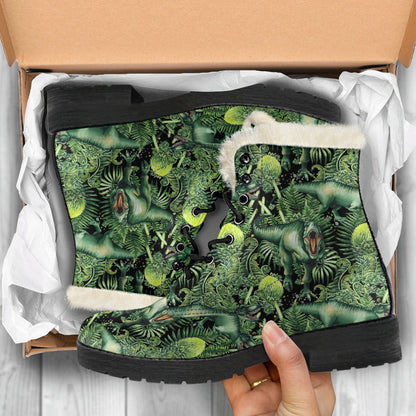 Dinosaur T Rex Print Pattern Faux Fur Leather Boots-JTAMIGO.COM